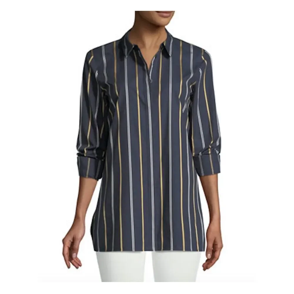 Lafayette 148 New York Shirt Size L Navy Stripe Brayden Riverside Long Sleeve - Picture 1 of 13